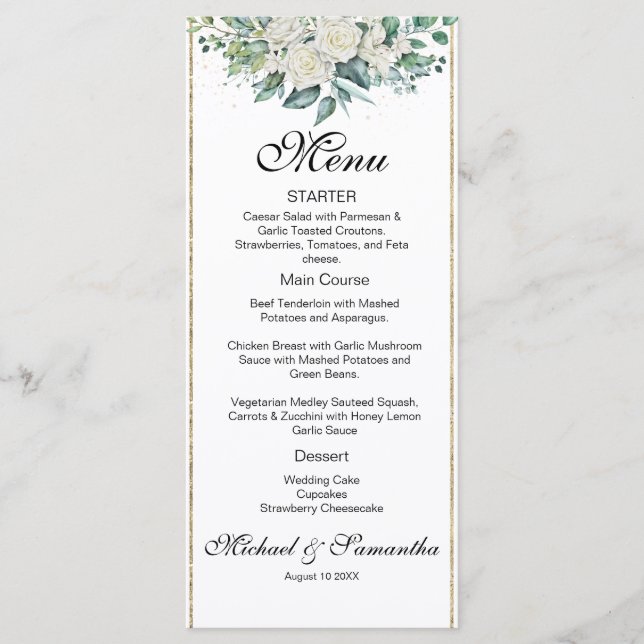 Menu Casamento Elegante com Rosas Brancas e Lírios (Frente)