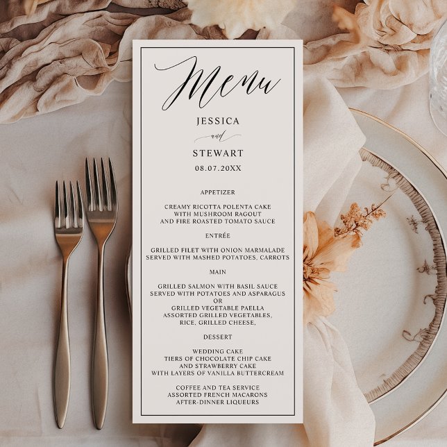 Menu Casamento elegante da caligrafia branca negra (Elegant modern black white calligraphy wedding menu)