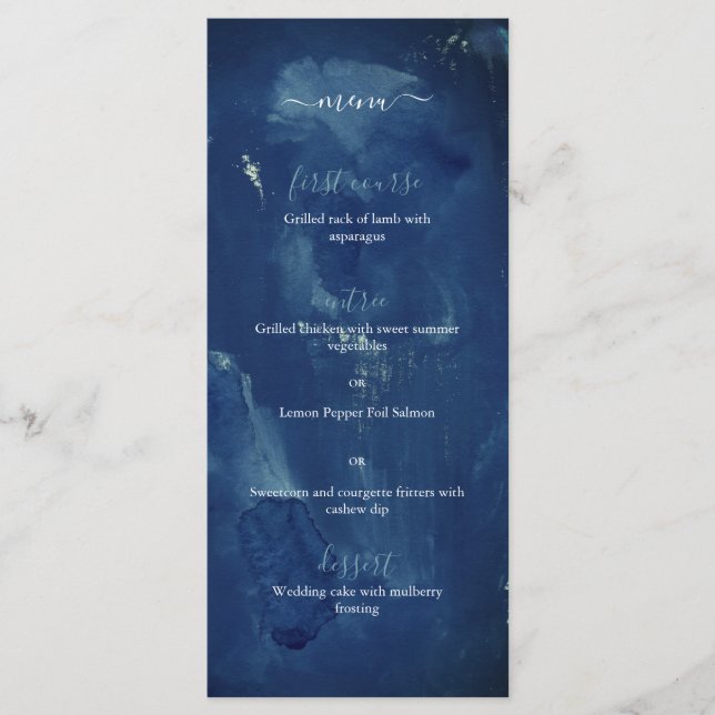 Menu Casamento Elegante Da Indigo Blue Watercolor (Frente)