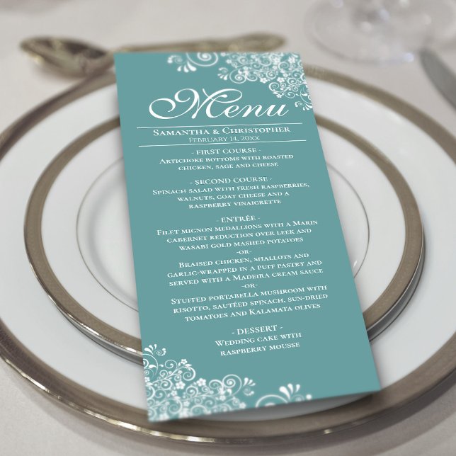 Menu Casamento Elegante de Alho ou Aqua Escuro e Curls  (On Plate)