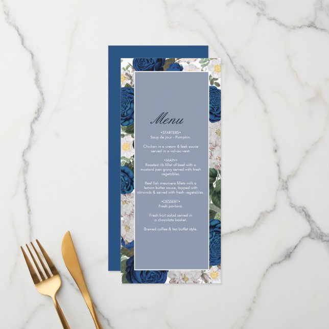 Menu Casamento Elegante De Aquarela Azul Moderno (Frente/Verso In Situ)