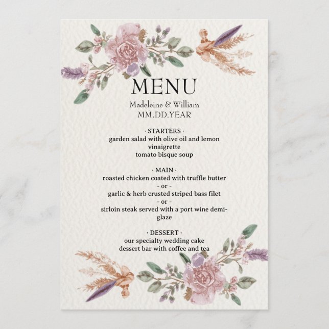 Menu Casamento Elegante de Boho Russo Moderno (Frente)