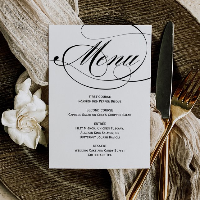 Menu Casamento Elegante de Caligrafia Branca e Preta (Criador carregado)