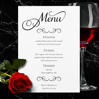 Menu Casamento Elegante de Caligrafia Preta e Branca