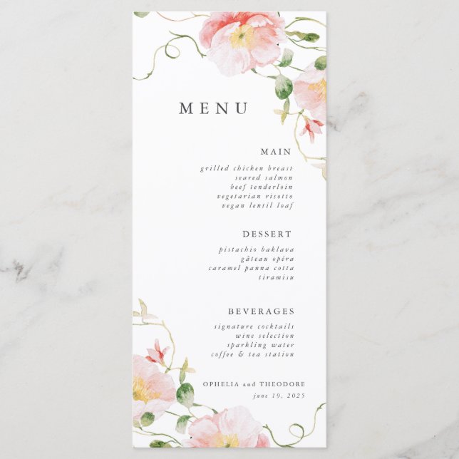 Menu Casamento Elegante De Cores De Água Rosa Selvagens (Frente)