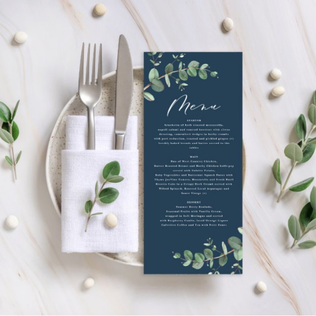 Menu Casamento elegante de eucalipto azul-marinho moder (Criador carregado)