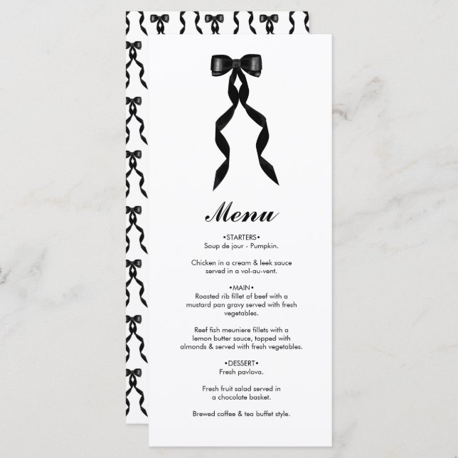 Menu Casamento Elegante de Fita Arco Negra Formal (Frente/Verso)