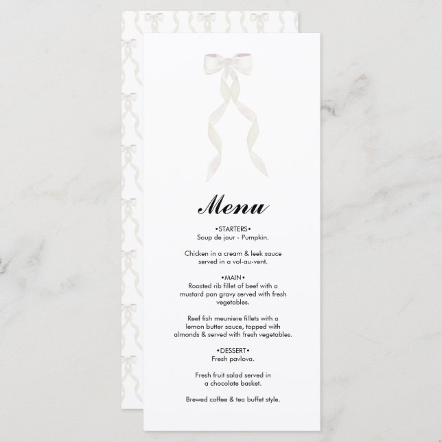 Menu Casamento Elegante de Fita de Arco Branco Formal (Frente/Verso)