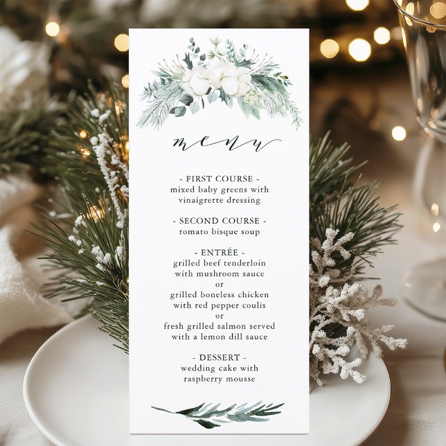 Menu Casamento Elegante de Flores de Algodão e Sempre-V (Criador carregado)