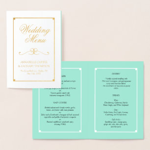 Menu Casamento Elegante de Folha Mint & Gold