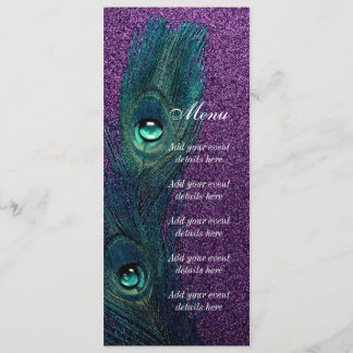 Menu Casamento Elegante de Pavão Azul Verde Roxo