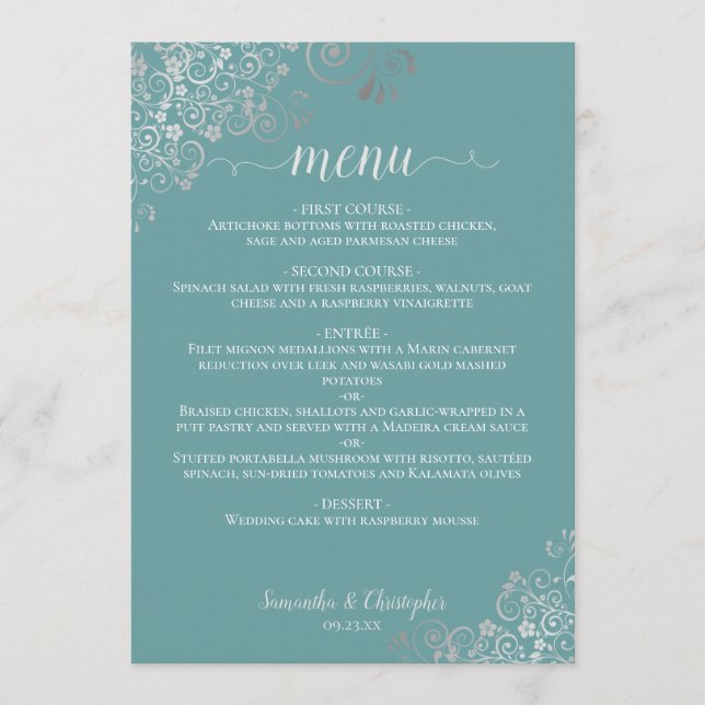 Menu Casamento Elegante de Prata Lace Frills Teal Turqu (Frente)