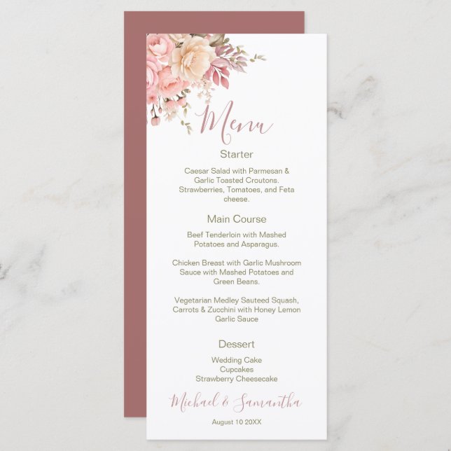 Menu Casamento Elegante de Rosa e Rosa de Marfim (Frente/Verso)