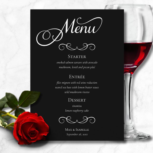 Menu Casamento Elegante de Script de Caligrafia Branca  (chic elegant black and white script calligraphy wedding dinner menu, engagement party menu)