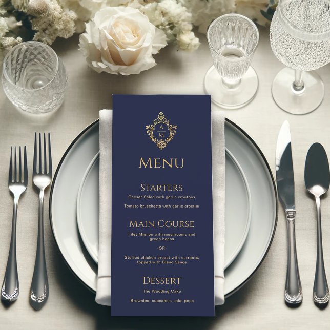 Menu Casamento Elegante Dourado Azul Faux Marinho Monog (Criador carregado)