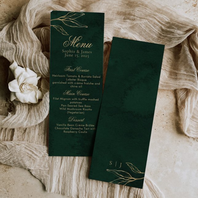 Menu Casamento Elegante Dourado e Verde Botânico (Criador carregado)