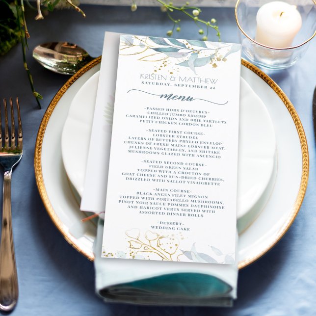 Menu Casamento Elegante Dourado Floral Azul Dusty (Elegant dusty blue greenery with gold accent makes this the perfect menu for your boho wedding)
