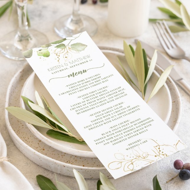 Menu Casamento Elegante Dourado Floral de Watercolor Gr (Greenery watercolor eucalyptus with gold outline for this modern elegant wedding reception menu.)