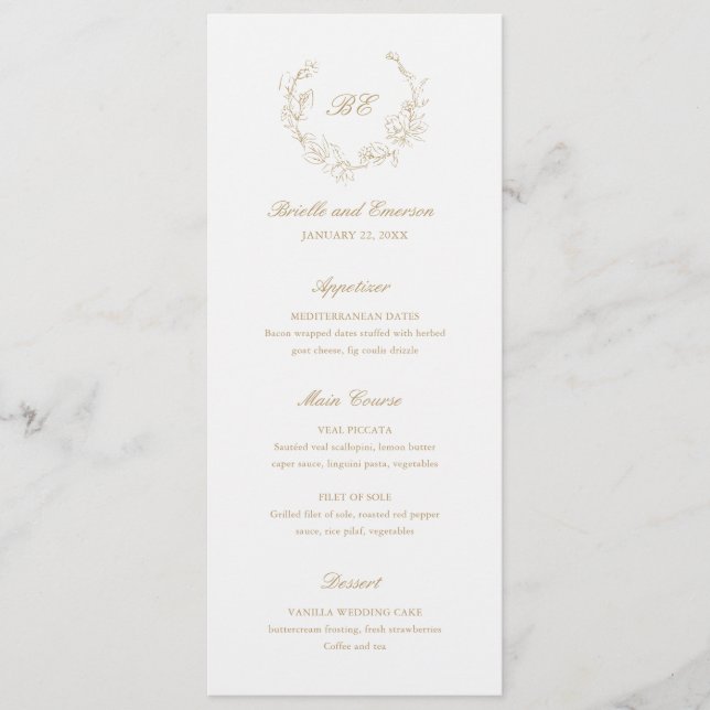 Menu Casamento Elegante Dourado Wreath Monograma (Frente)