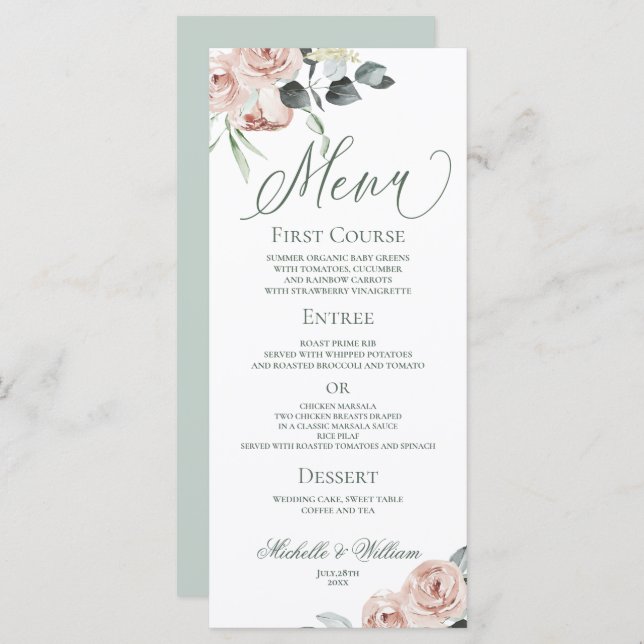 Menu Casamento Elegante Dusty Rosa Eucalyptus (Frente/Verso)