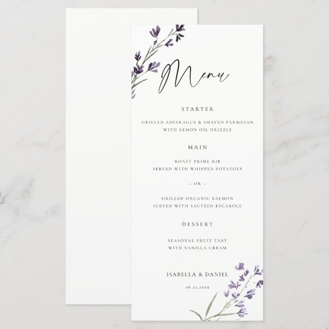 Menu Casamento Elegante e Chic com Aquarela Delicada de (Frente/Verso)