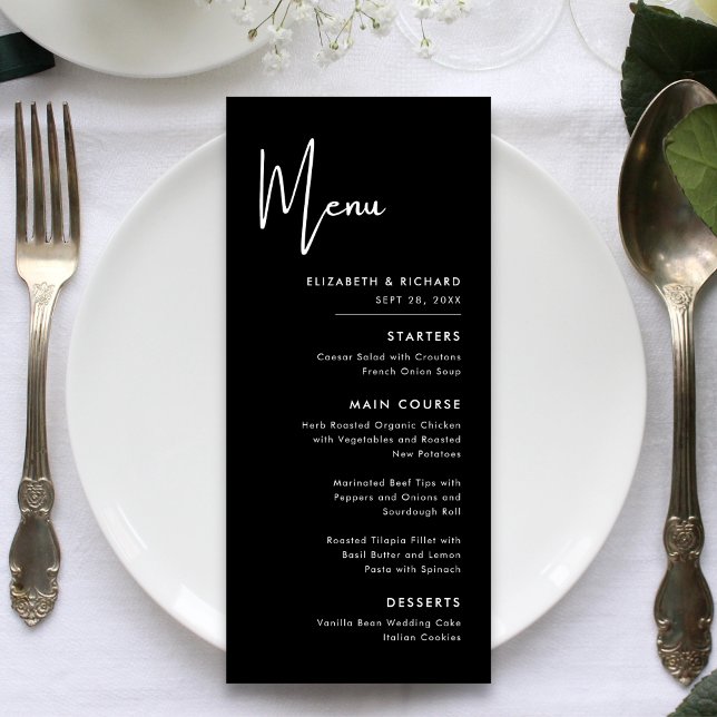 Menu Casamento Elegante e Moderno em Preto e Branco (Elegant modern black and white wedding menu adds timeless style while guiding your meal flow)