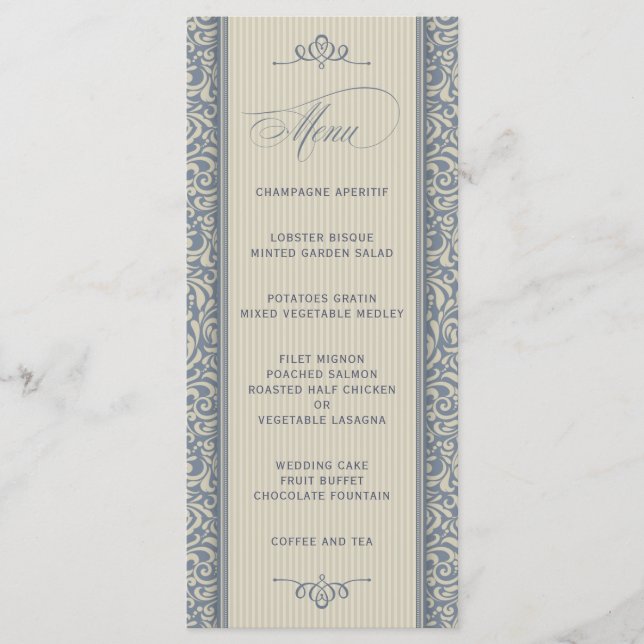 Menu Casamento Elegante em Azul e bege (Frente)