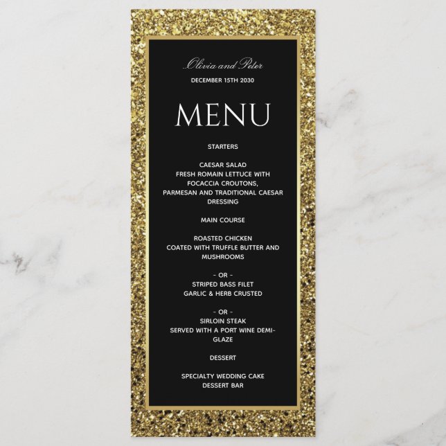 Menu Casamento Elegante em Dourado, Preto e Branco (Frente)