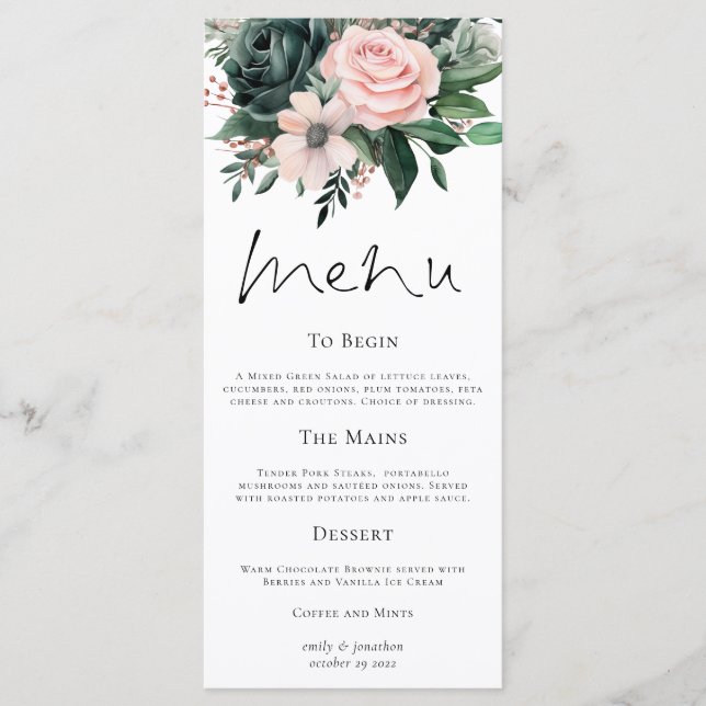 Menu Casamento Elegante Emerald e Blush Florals (Frente)