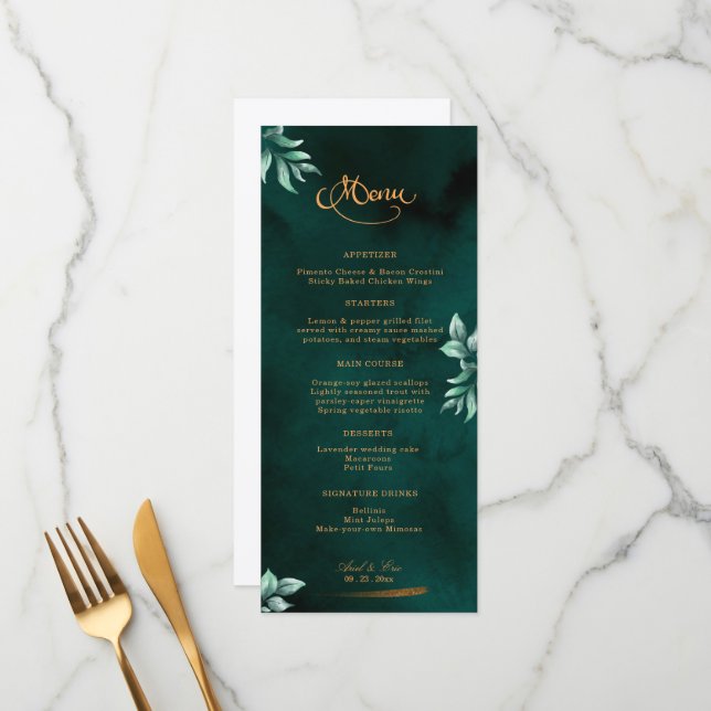 Menu Casamento Elegante Emerald Eucalyptus Greenery (Frente/Verso In Situ)