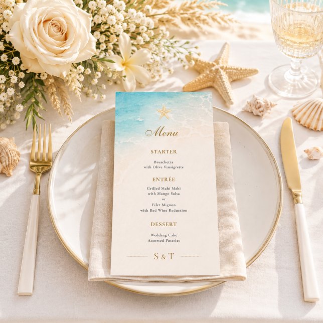 Menu Casamento Elegante Estrela do Mar Oceano Azul (Criador carregado)