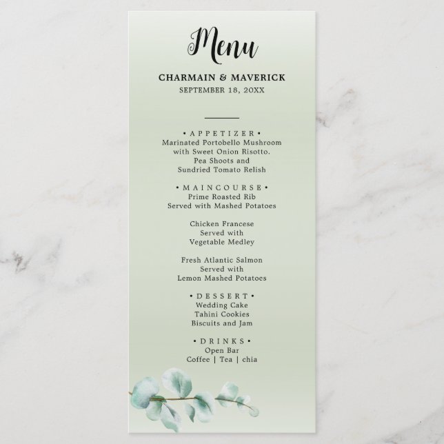 Menu Casamento Elegante Eucalyptus folha Greenery (Frente)