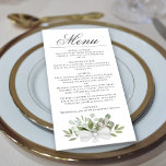 Menu Casamento elegante Eucalyptus & Greenery<br><div class="desc">Este belo cardápio de casamento apresenta um design de música bólus rústico com um título de caligrafia de script e um conjunto de folhas de cor d'água pintadas manualmente, de eucalipto e de verde em tons de menta, musgo e sábio. O texto é completamente personalizável com espaço para o nome...</div>