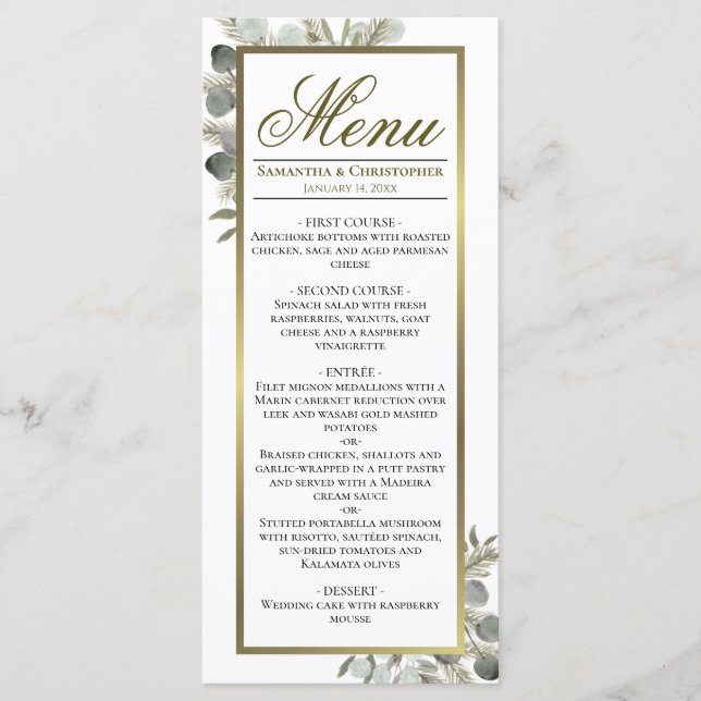 Menu Casamento Elegante Eucalyptus & Ouro Pine (Frente)