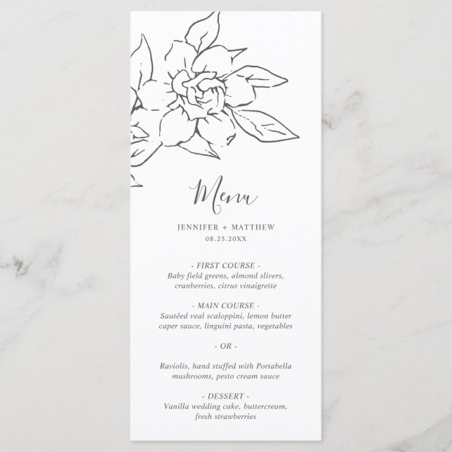 Menu Casamento Elegante Floral de Arte Neutral (Frente)