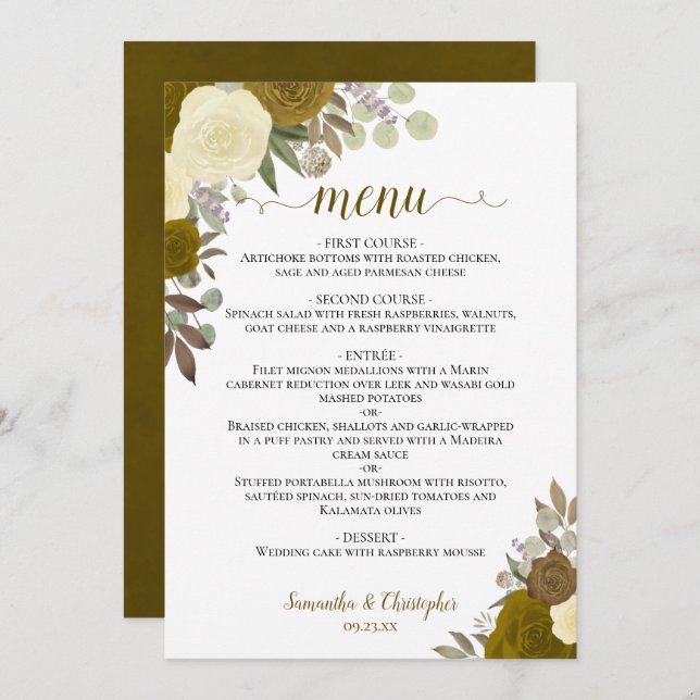 Menu Casamento Elegante Floral de Boho Boho, Rosas Dour (Frente/Verso)