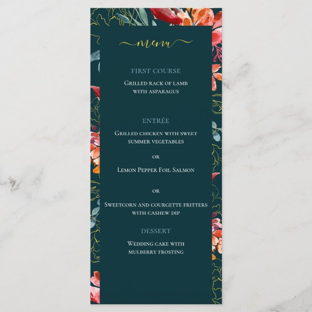 Menu Casamento Elegante Floral de Coral Azul (Frente)