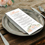 Menu Casamento Elegante Floral de Coral Peach Watercolo<br><div class="desc">Este belo cardápio de casamento apresenta um design de música 'boho' rústico com um título de caligrafia e um conjunto de rosas de aquarela pintados manualmente, flores e verde em tons de pêssego coral e laranja claro. O texto é completamente personalizável com espaço para o nome do casal e data...</div>