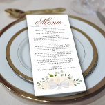 Menu Casamento Elegante Floral de Pessegueiro de Champa<br><div class="desc">Este belo cardápio de casamento apresenta um design de música 'boho' rústico com um título de caligrafia de script e um conjunto de rosas de aquarela pintados manualmente, flores e verde em tons de pêssego pálido, ou blush de champanhe. O texto é completamente personalizável com espaço para o nome do...</div>