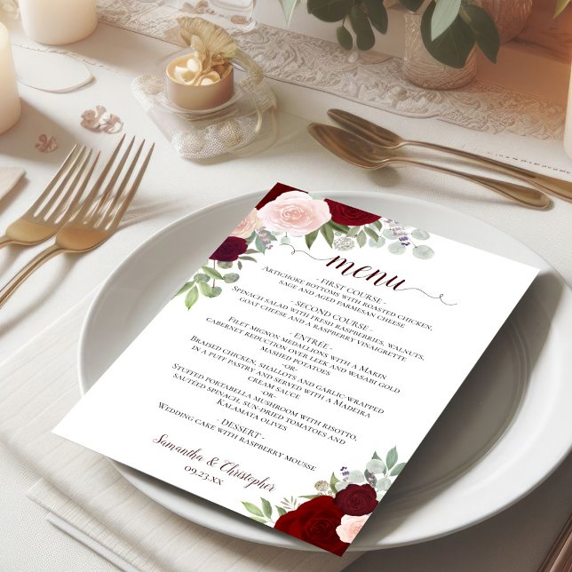 Menu Casamento Elegante Floral Russo Vermelho e Rosa Ro (5x7 inch menu on small plate)