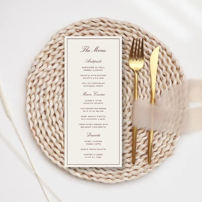 Menu Casamento Elegante Formal Marfim e Borgonha (Elegant ivory and burgundy wedding menu adds refined beauty to your dining experience.)