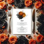 Menu Casamento Elegante Laranja e Gótico Negro<br><div class="desc">Este design de cardápio maravilhosamente trabalhado apresenta uma combinação impressionante de laranja e preto, perfeito para um casamento gótico com um talento chique. O detalhamento do ornamentado e a paleta de cores ousadas definiram o tom para uma celebração romântica e sofisticada escuridão. Ideal para casais que buscam criar uma experiência...</div>