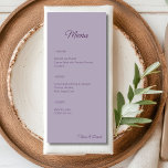 Menu Casamento Elegante Lilac Minimalista<br><div class="desc">Adicione um toque de romance refinado à sua recepção com este Menu de Casamento Lilac. Projetado com elegância minimalista em matizes roxos suaves, ele apresenta um layout limpo para iniciantes, entrentos e sobremesas — fazer-o como na moda e adição prática a qualquer configuração de mesa de casamento. Perfeito para primavera...</div>