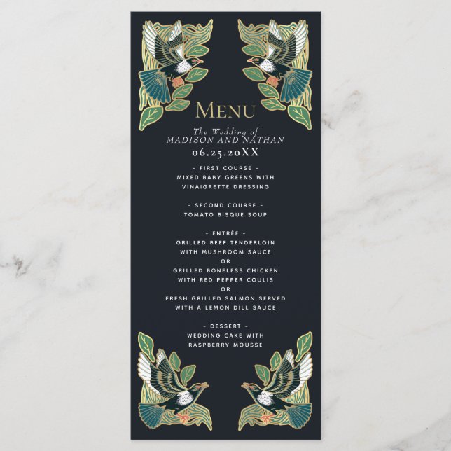 Menu Casamento Elegante Magpie Art Nouveau (Frente)