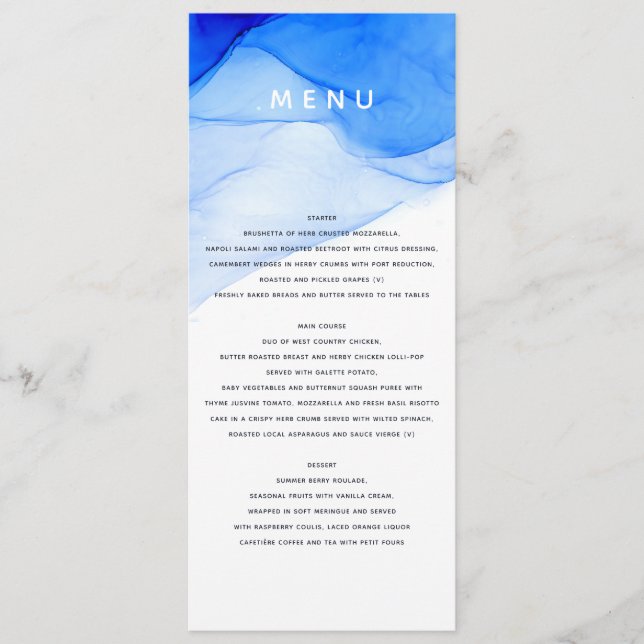 Menu casamento elegante moderno azul e branco (Frente)