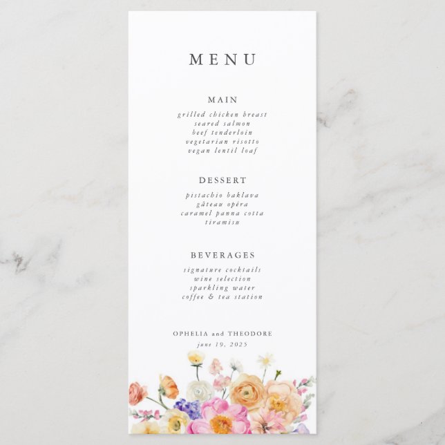 Menu Casamento Elegante Moderno Botânico Brilhante Cor- (Frente)