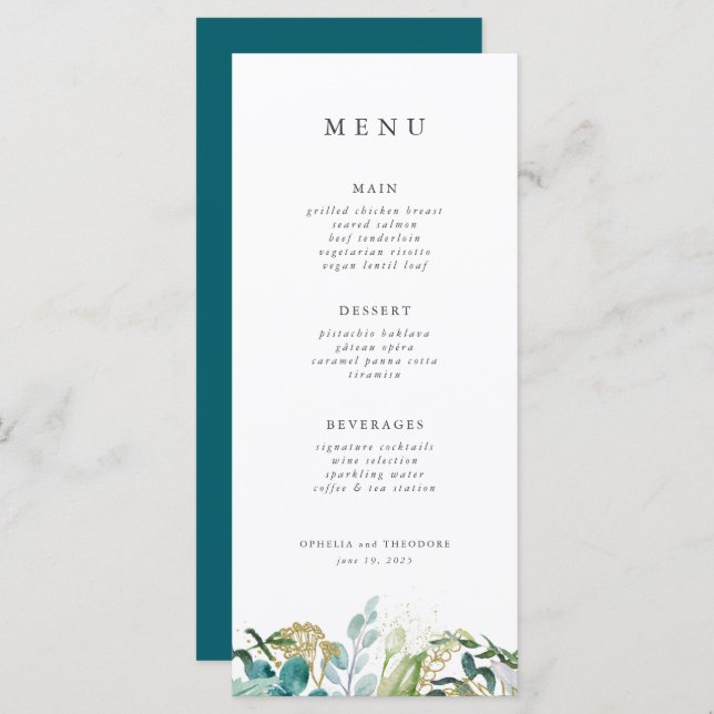 Menu Casamento Elegante Moderno Botânico Teal (Frente/Verso)