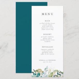 Menu Casamento Elegante Moderno Botânico Teal