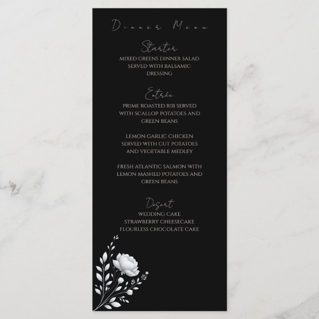 Menu Casamento Elegante Moderno Preto e Branco - Flores (Frente)