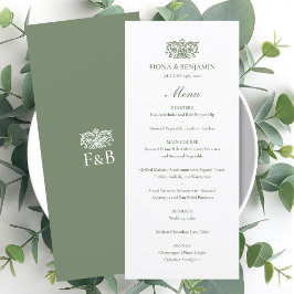 Menu Casamento Elegante Monograma Floral Vintage Verde